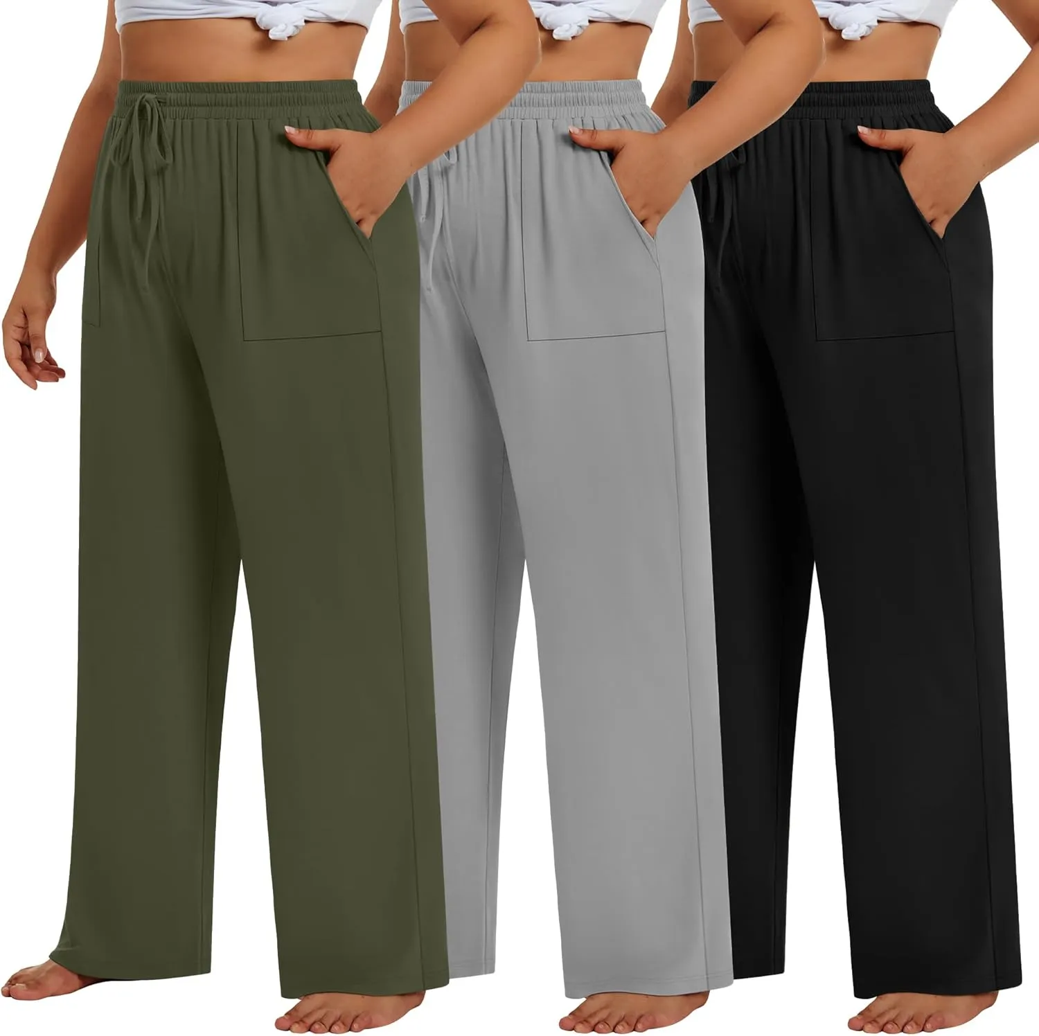 3 Pack Plus Size Pants for Women Wide Leg Casual Pant Drawstring Stretchy Waist Trousers with Pockets