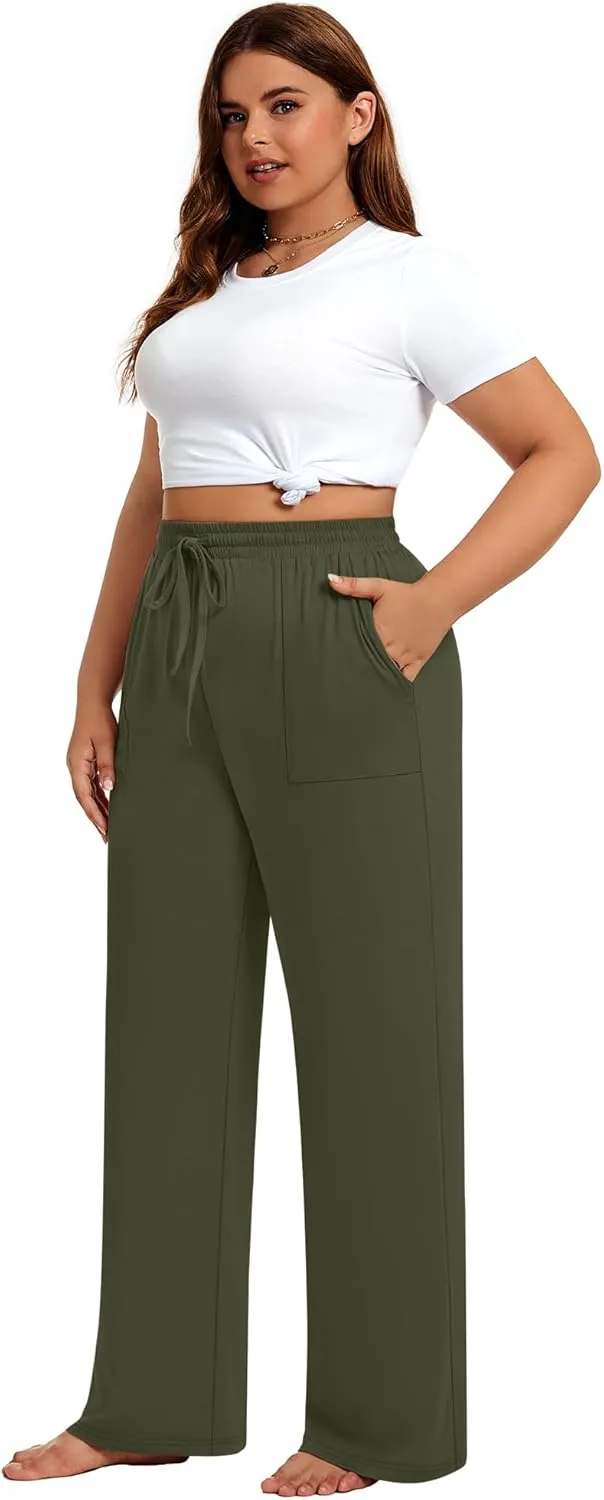 3 Pack Plus Size Pants for Women Wide Leg Casual Pant Drawstring Stretchy Waist Trousers with Pockets