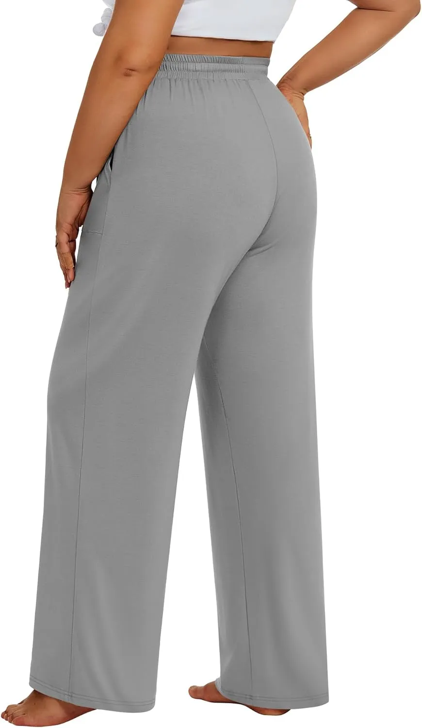 3 Pack Plus Size Pants for Women Wide Leg Casual Pant Drawstring Stretchy Waist Trousers with Pockets