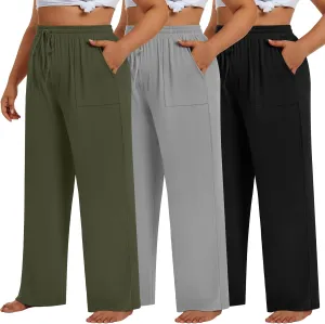 3 Pack Plus Size Pants for Women Wide Leg Casual Pant Drawstring Stretchy Waist Trousers with Pockets