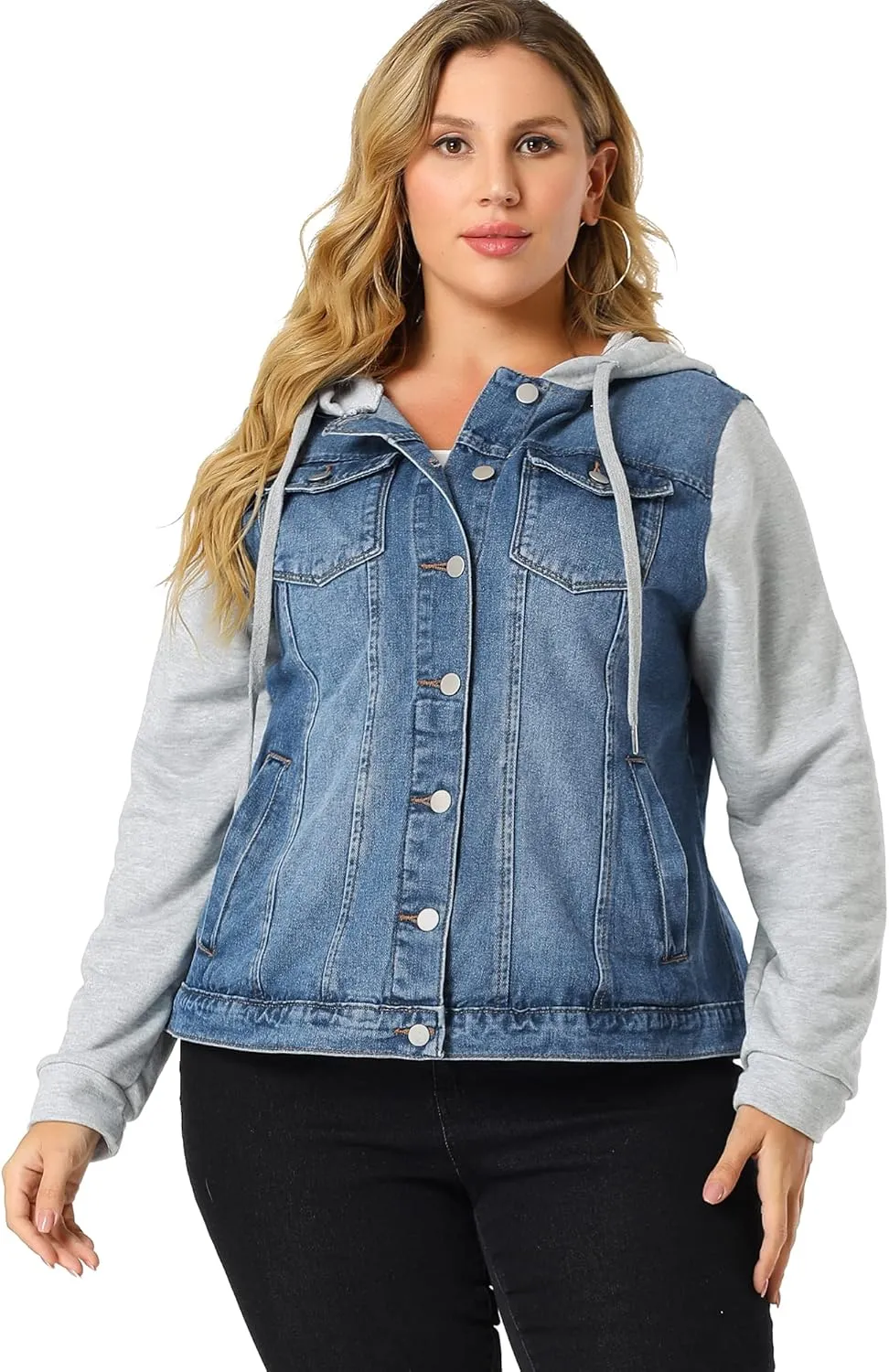Agnes Orinda Women's Plus Size Denim Jacket with Hood Long Sleeve Casual Hoodie Jean Jackets