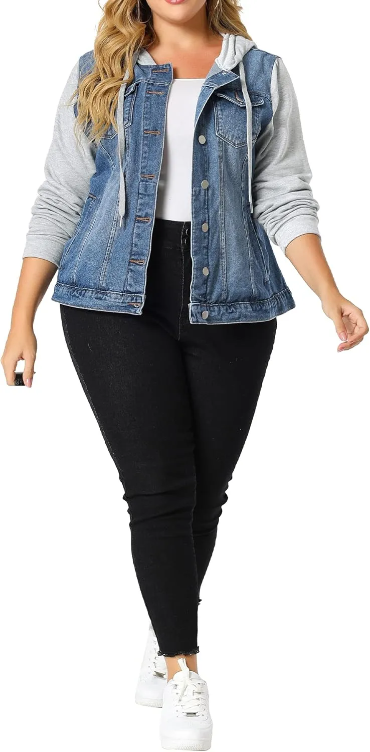 Agnes Orinda Women's Plus Size Denim Jacket with Hood Long Sleeve Casual Hoodie Jean Jackets