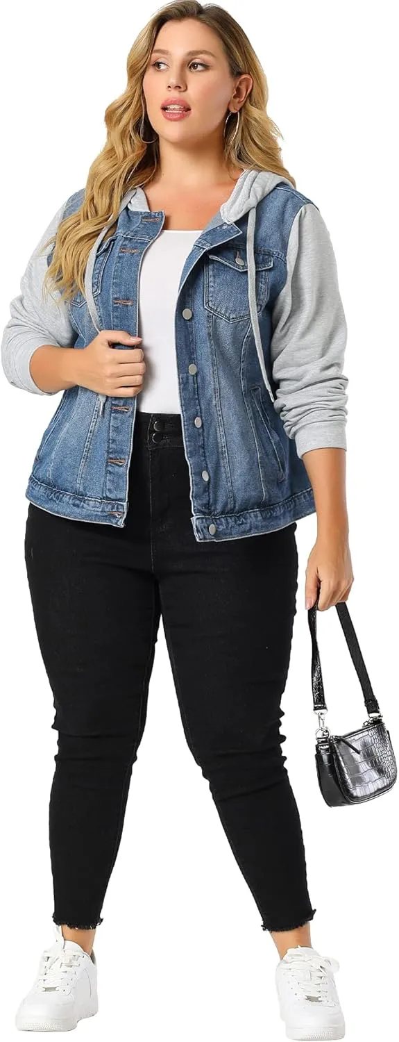 Agnes Orinda Women's Plus Size Denim Jacket with Hood Long Sleeve Casual Hoodie Jean Jackets