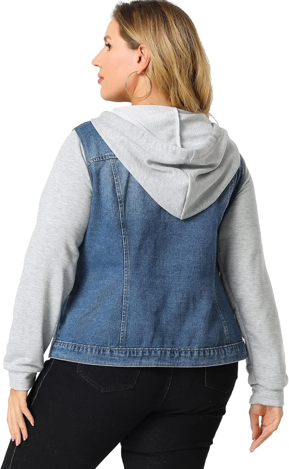 Agnes Orinda Women's Plus Size Denim Jacket with Hood Long Sleeve Casual Hoodie Jean Jackets