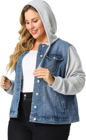 Agnes Orinda Women's Plus Size Denim Jacket with Hood Long Sleeve Casual Hoodie Jean Jackets