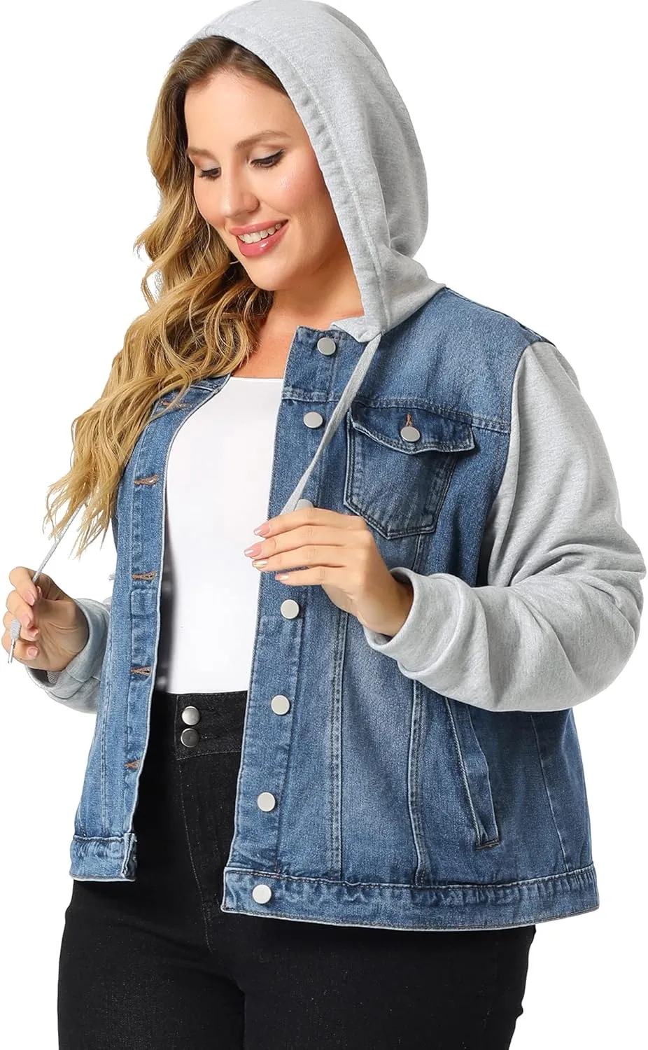 Agnes Orinda Women's Plus Size Denim Jacket with Hood Long Sleeve Casual Hoodie Jean Jackets