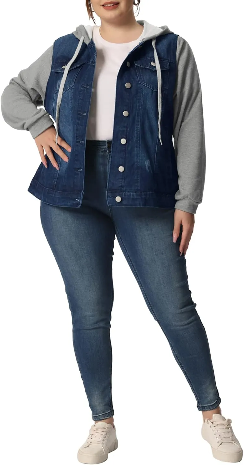 Agnes Orinda Women's Plus Size Denim Jacket with Hood Long Sleeve Western Outfit Casual Hoodie Jean Jackets