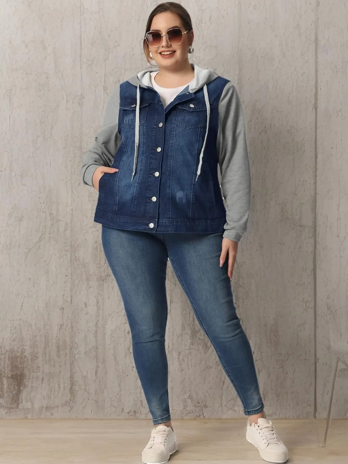 Agnes Orinda Women's Plus Size Denim Jacket with Hood Long Sleeve Western Outfit Casual Hoodie Jean Jackets