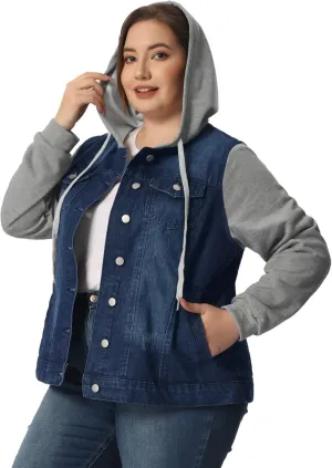 Agnes Orinda Women's Plus Size Denim Jacket with Hood Long Sleeve Western Outfit Casual Hoodie Jean Jackets