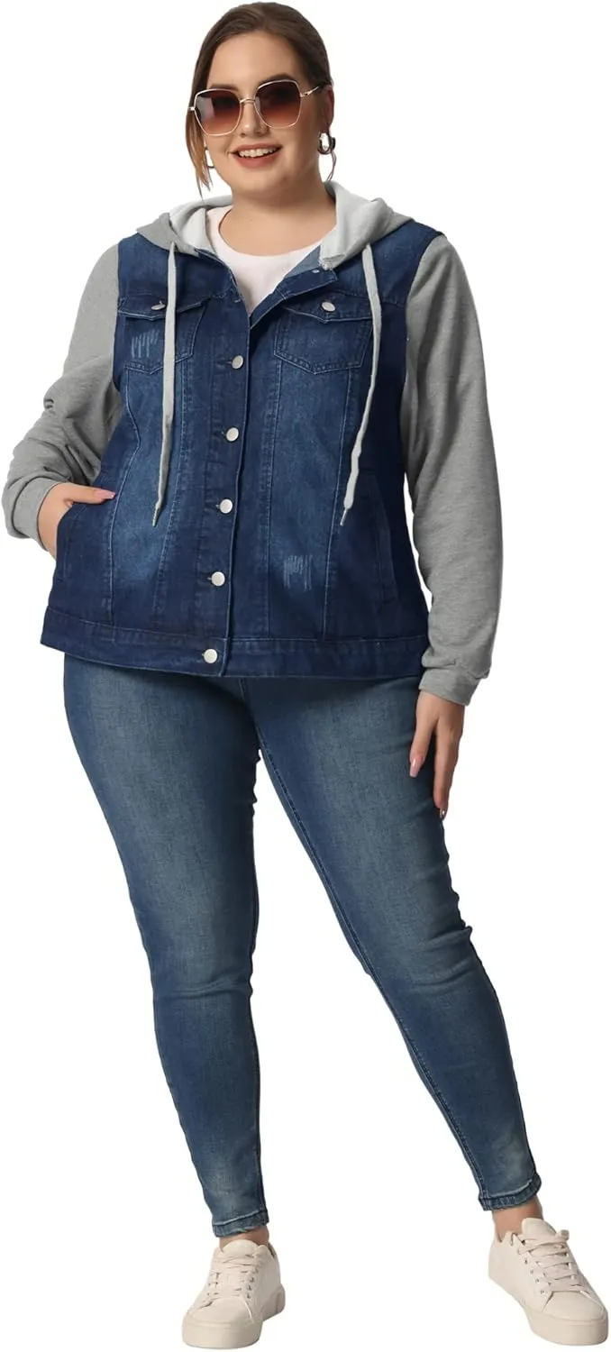 Agnes Orinda Women's Plus Size Denim Jacket with Hood Long Sleeve Western Outfit Casual Hoodie Jean Jackets