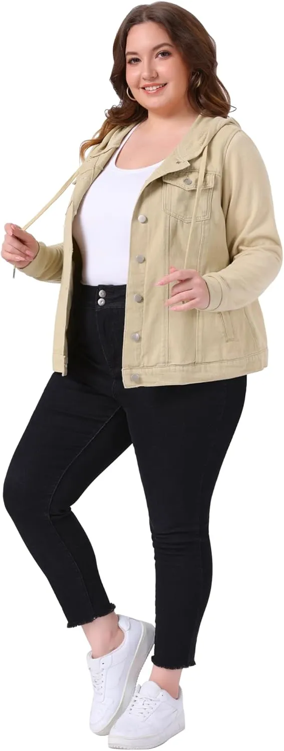 Agnes Orinda Women's Plus Size Denim Jacket with Hood Long Sleeve Western Outfit Casual Hoodie Jean Jackets