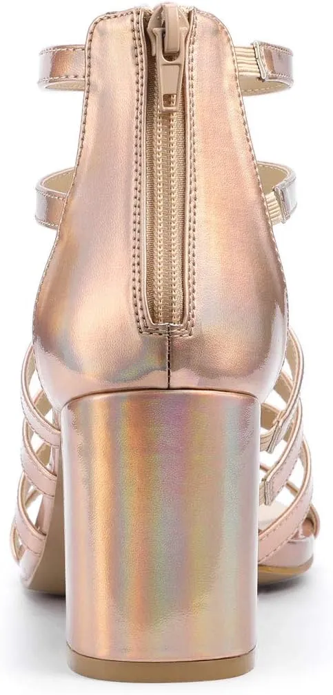 Allegra K Women's Cage Strappy Gladiators Chunky Heels Sandals