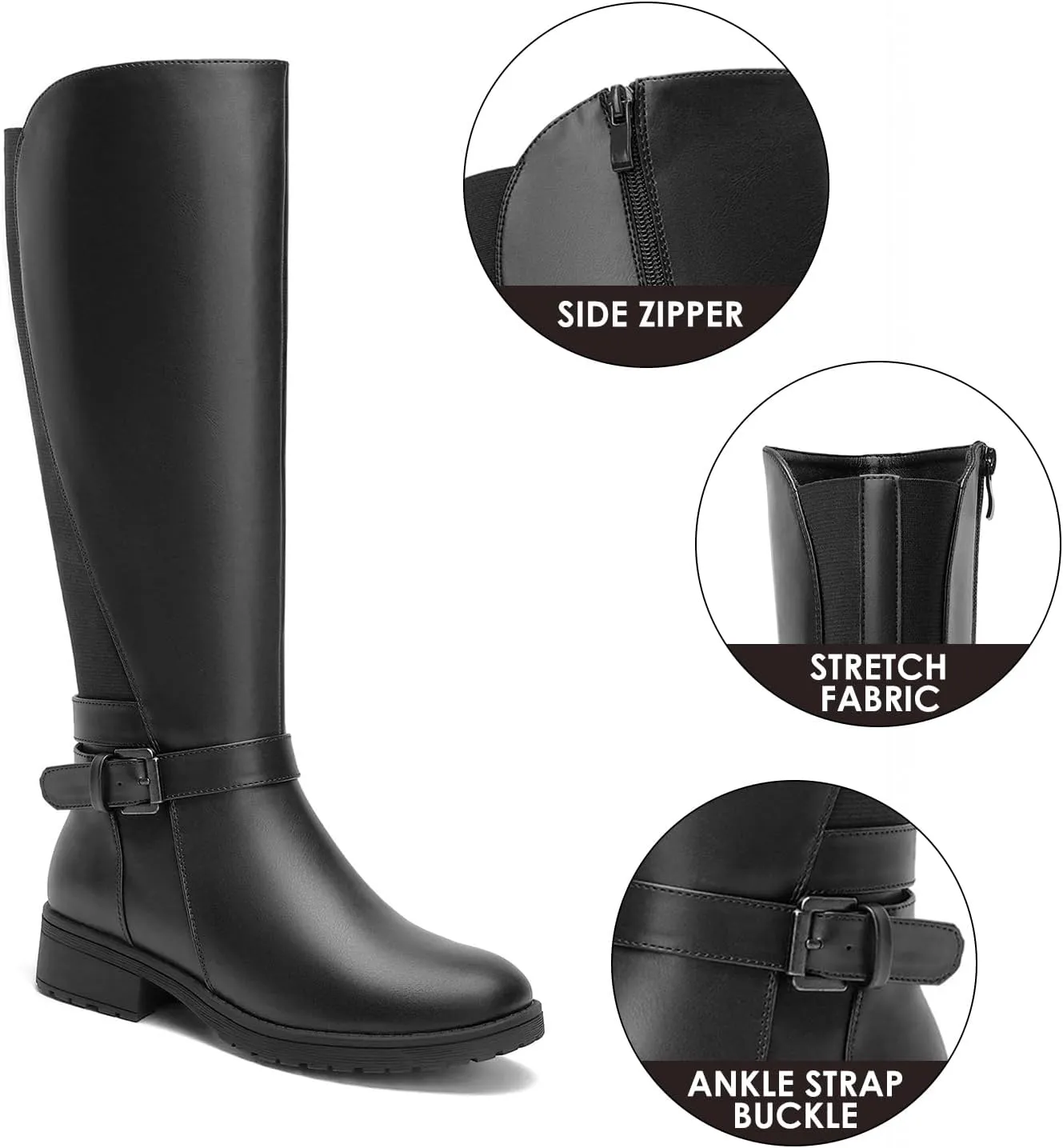 ALLOT Women's Stretch Knee High Boots Low Block Heel Buckle Strap Classic Riding Boots Ladies Side Zip Elastic Casual Fashion Winter Boots