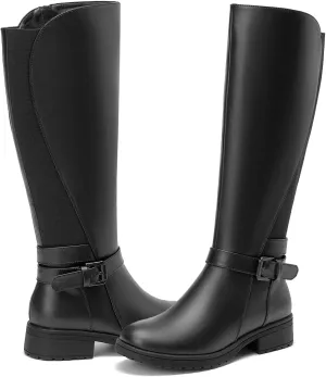 ALLOT Women's Stretch Knee High Boots Low Block Heel Buckle Strap Classic Riding Boots Ladies Side Zip Elastic Casual Fashion Winter Boots