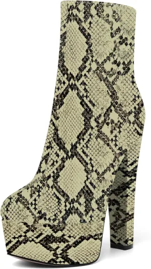 AMBELIGHT Womens Platform Patent Round Toe Outdoor Dress Zip Block High Heel Ankle High Boots 6 Inch