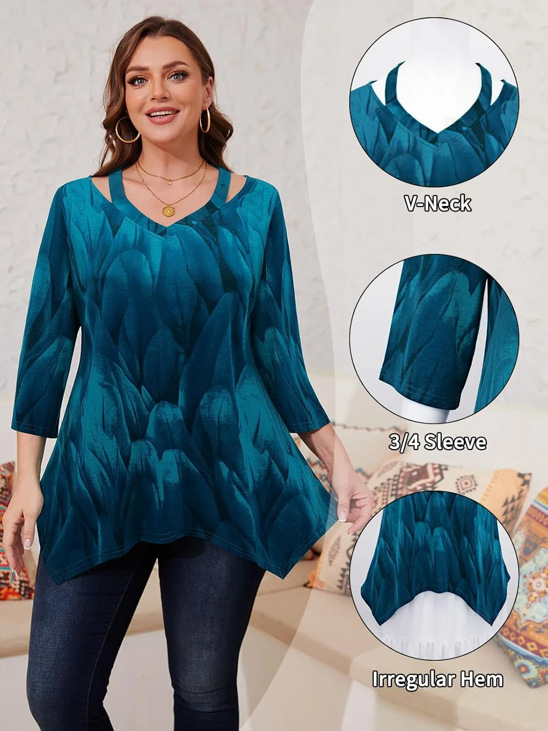 Amrto Women Plus Size Tops Cut Out V Neck 3/4 Sleeve Blouses Dressy Casual Tunic Tops to Wear with Leggings