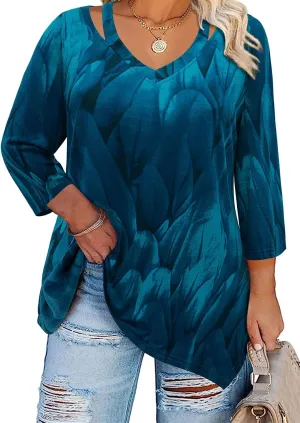 Amrto Women Plus Size Tops Cut Out V Neck 3/4 Sleeve Blouses Dressy Casual Tunic Tops to Wear with Leggings