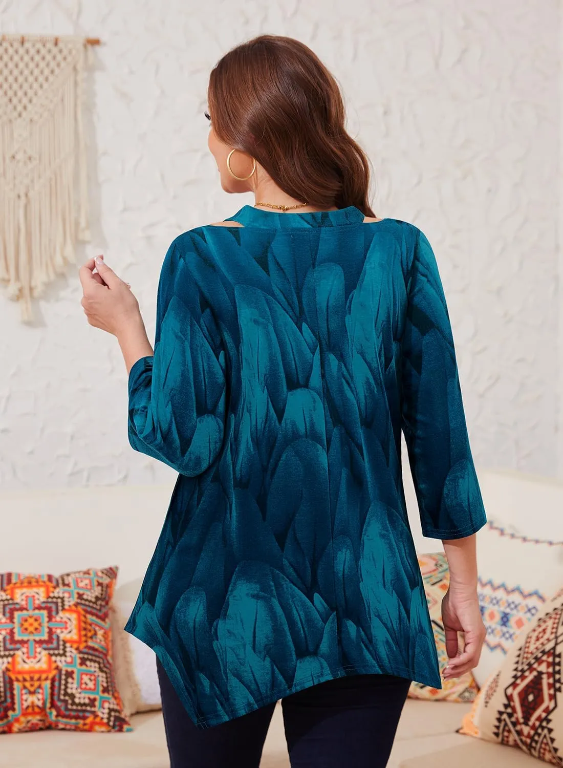 Amrto Women Plus Size Tops Cut Out V Neck 3/4 Sleeve Blouses Dressy Casual Tunic Tops to Wear with Leggings