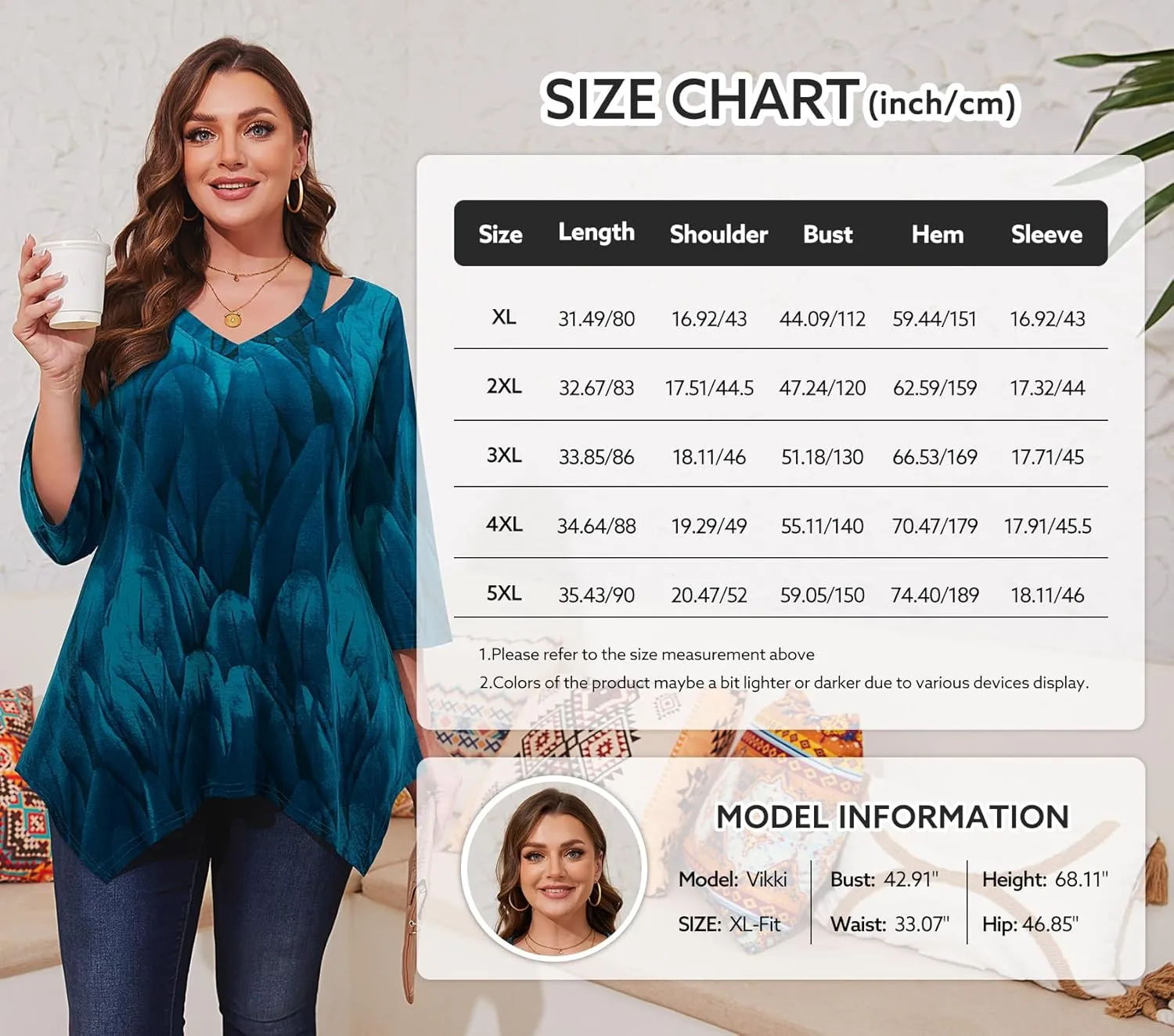 Amrto Women Plus Size Tops Cut Out V Neck 3/4 Sleeve Blouses Dressy Casual Tunic Tops to Wear with Leggings