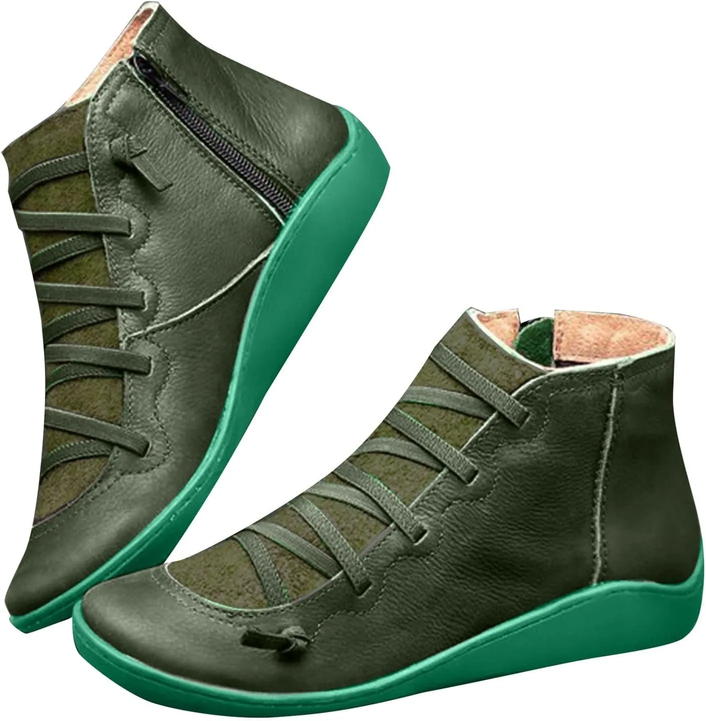 Ankle Boots for Women No Heel Women's Arch Support Fashion Lace up Side Zip Vintage Booties Flat Heel