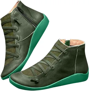 Ankle Boots for Women No Heel Women's Arch Support Fashion Lace up Side Zip Vintage Booties Flat Heel