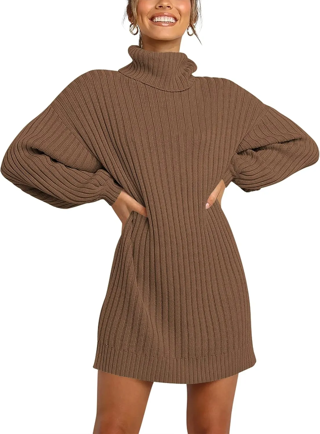 ANRABESS Women Oversized Sweater Dress Turtleneck Batwing Long Sleeve Ribbed Knit Loose 2025 Fall Winter Casual Short Dress