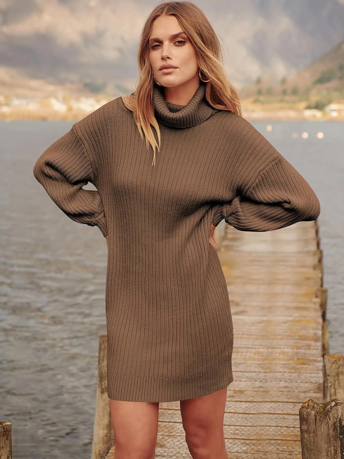 ANRABESS Women Oversized Sweater Dress Turtleneck Batwing Long Sleeve Ribbed Knit Loose 2025 Fall Winter Casual Short Dress