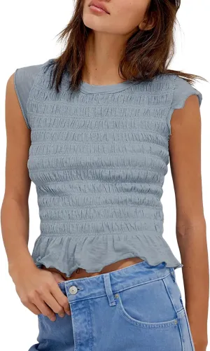 APAFES Womens Smocked Crop Tops Summer Peplum T-Shirts Cap Sleeve Crew Neck Workout Casual Tees