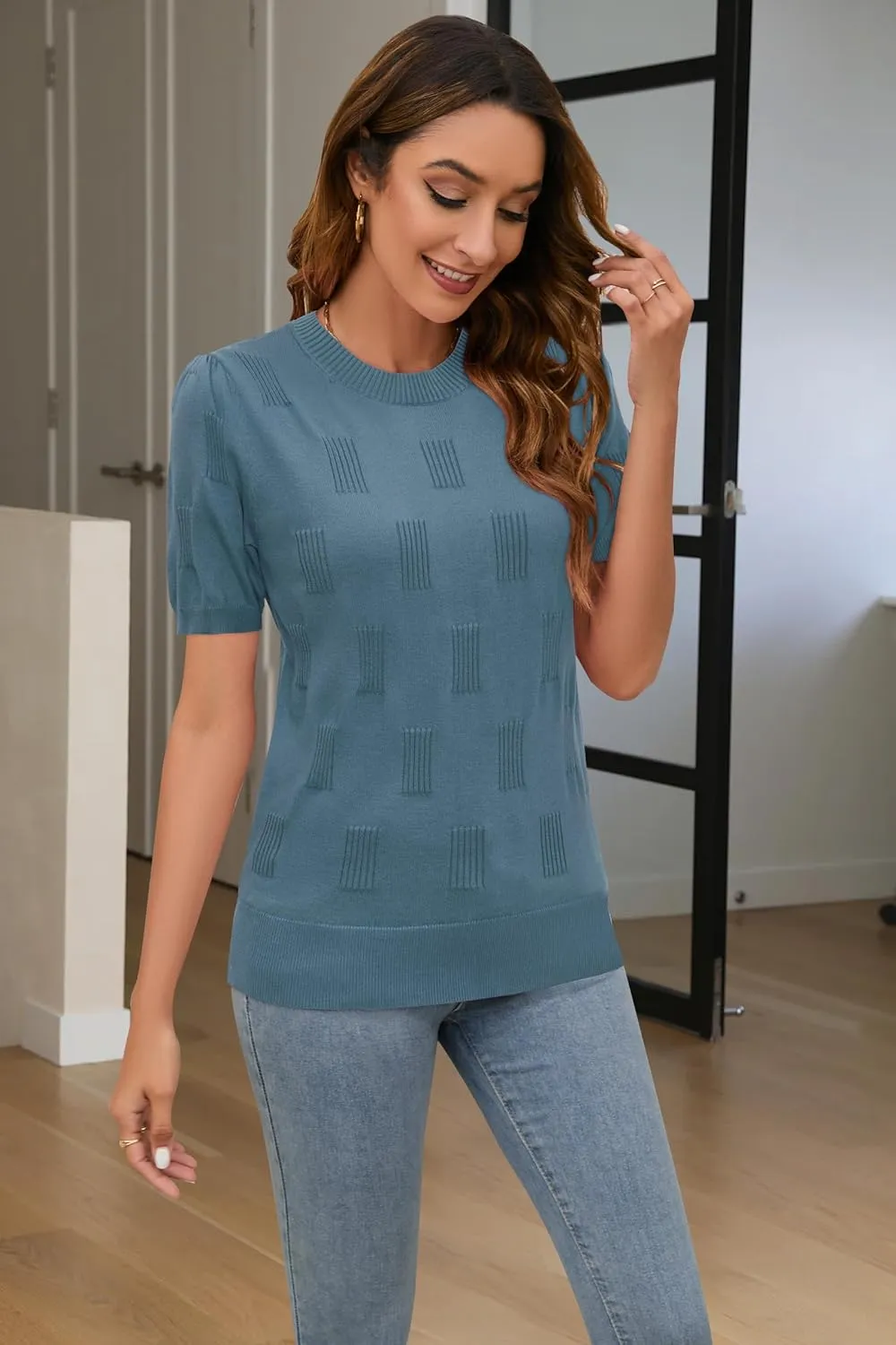Arach&Cloz Womens Summer Tops Fashion Short Sleeve Sweaters Crew Neck Lightweight Knit Dressy Blouse 2025