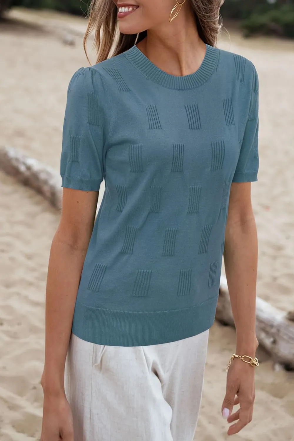 Arach&Cloz Womens Summer Tops Fashion Short Sleeve Sweaters Crew Neck Lightweight Knit Dressy Blouse 2025