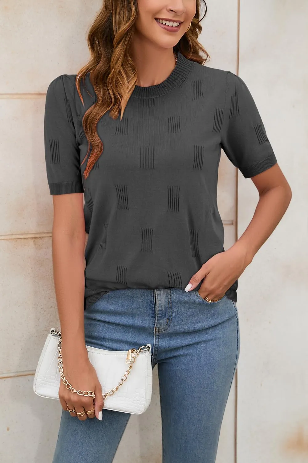 Arach&Cloz Womens Summer Tops Fashion Short Sleeve Sweaters Crew Neck Lightweight Knit Dressy Blouse 2025
