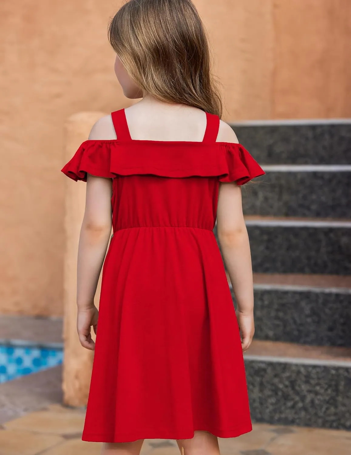 Arshiner Girls Dresses Summer Spaghetti Strap Cold Shoulder Ruffle Button Down A Line Dresses