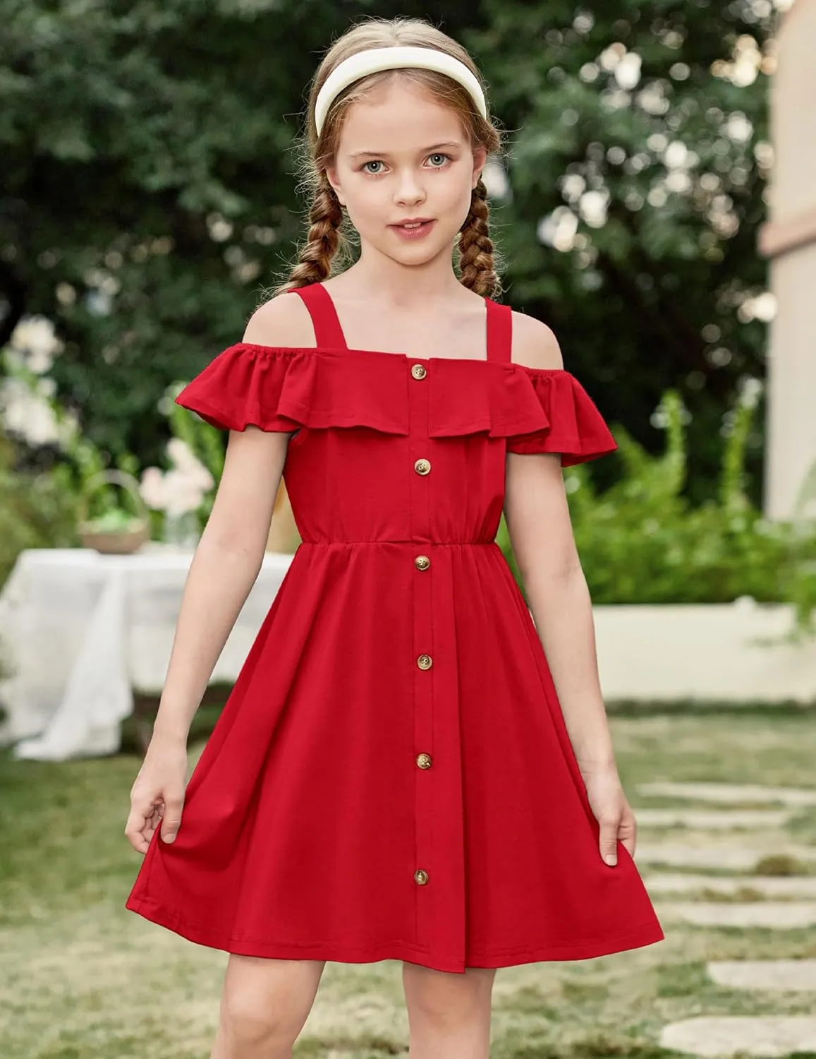 Arshiner Girls Dresses Summer Spaghetti Strap Cold Shoulder Ruffle Button Down A Line Dresses