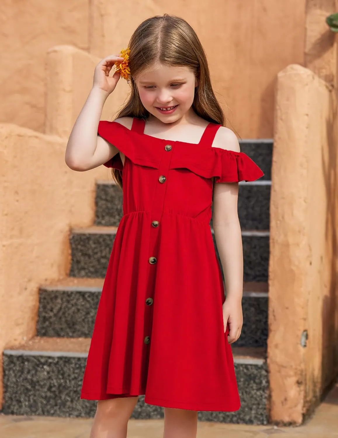 Arshiner Girls Dresses Summer Spaghetti Strap Cold Shoulder Ruffle Button Down A Line Dresses
