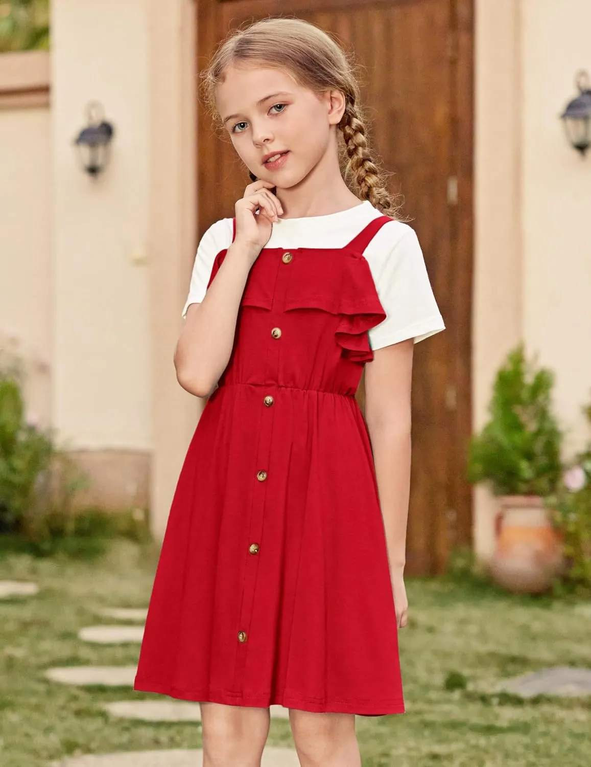 Arshiner Girls Dresses Summer Spaghetti Strap Cold Shoulder Ruffle Button Down A Line Dresses