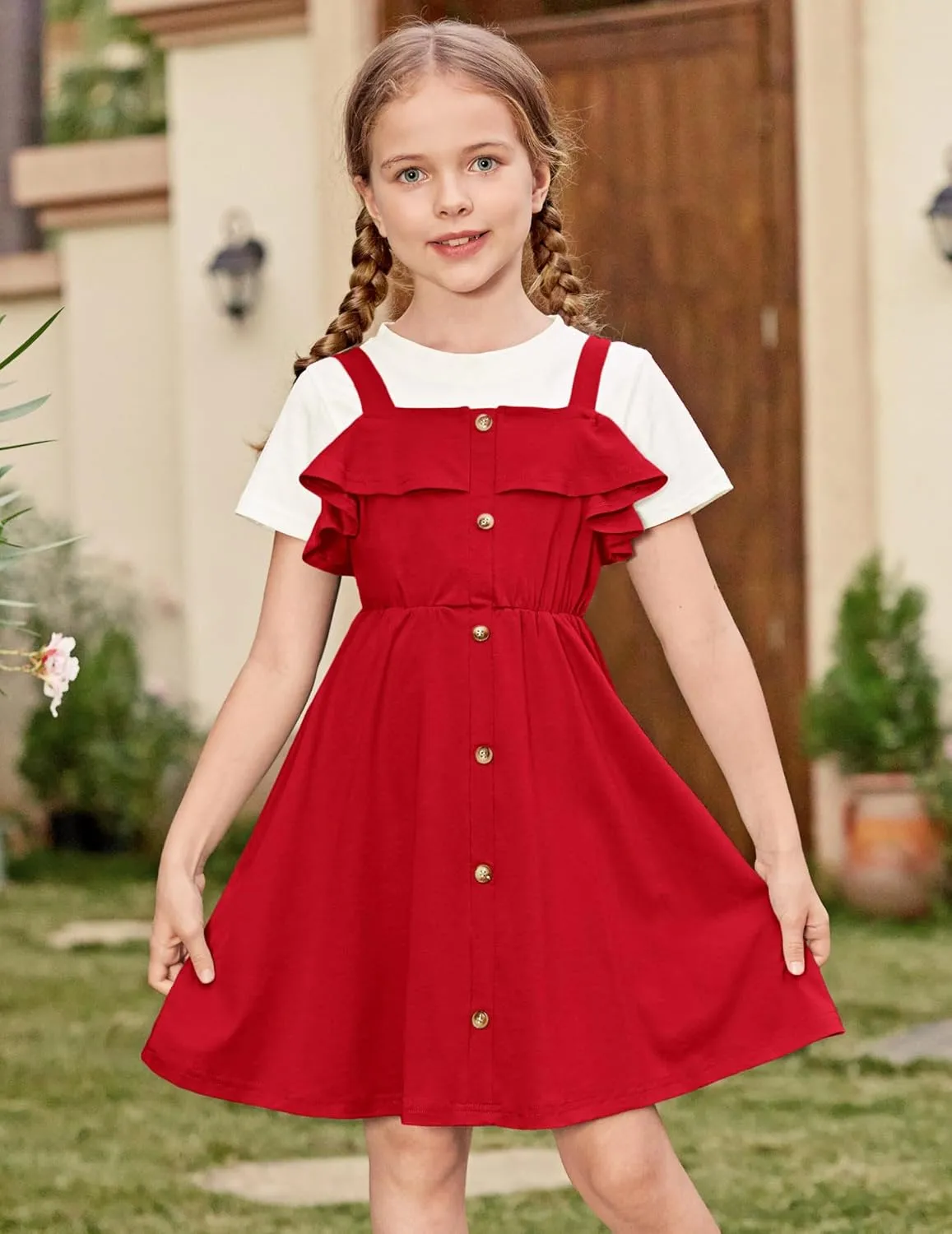 Arshiner Girls Dresses Summer Spaghetti Strap Cold Shoulder Ruffle Button Down A Line Dresses