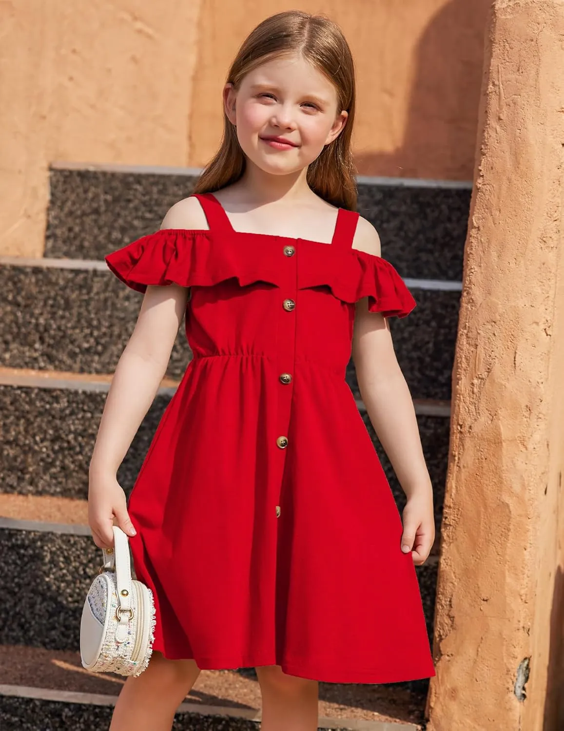 Arshiner Girls Dresses Summer Spaghetti Strap Cold Shoulder Ruffle Button Down A Line Dresses