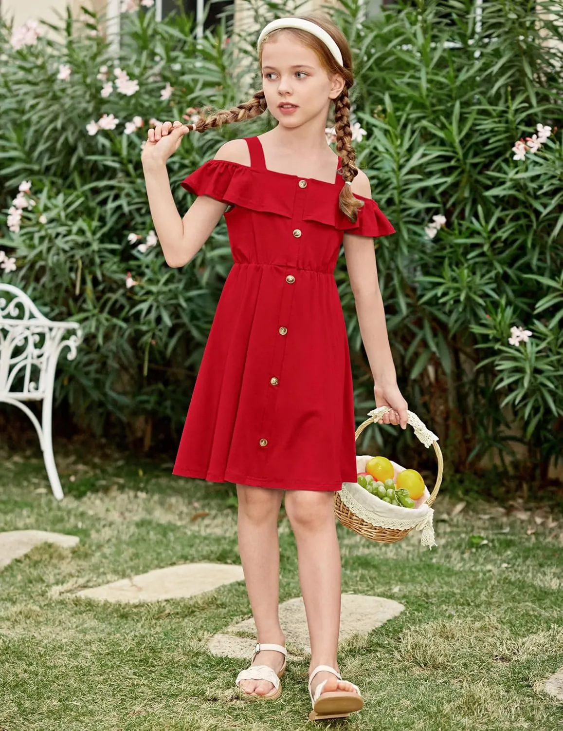 Arshiner Girls Dresses Summer Spaghetti Strap Cold Shoulder Ruffle Button Down A Line Dresses