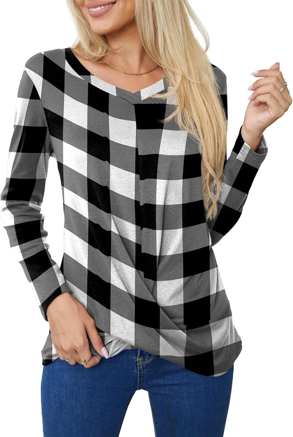 Askyes Women's Long Sleeve Tops 2024 Fall Winter Fashion Tunics Casual Front Twist T-Shirt V Neck Tunics Tops