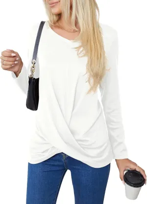Askyes Women's Long Sleeve Tops 2024 Fall Winter Fashion Tunics Casual Front Twist T-Shirt V Neck Tunics Tops
