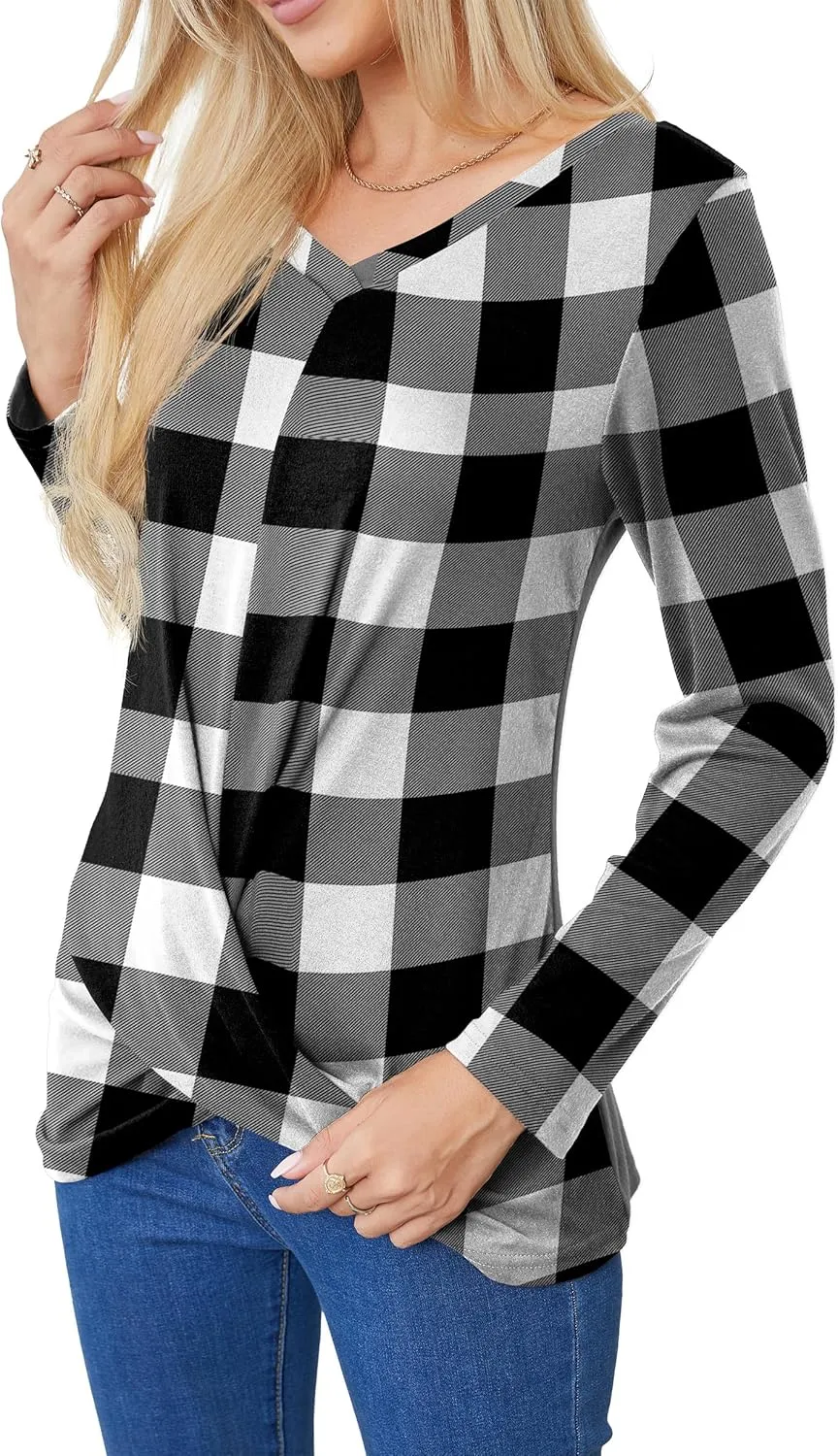Askyes Women's Long Sleeve Tops 2024 Fall Winter Fashion Tunics Casual Front Twist T-Shirt V Neck Tunics Tops
