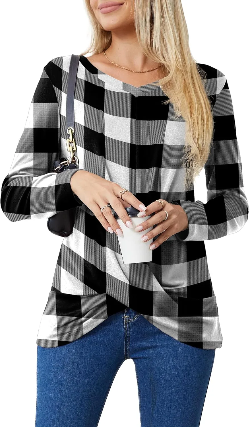Askyes Women's Long Sleeve Tops 2024 Fall Winter Fashion Tunics Casual Front Twist T-Shirt V Neck Tunics Tops