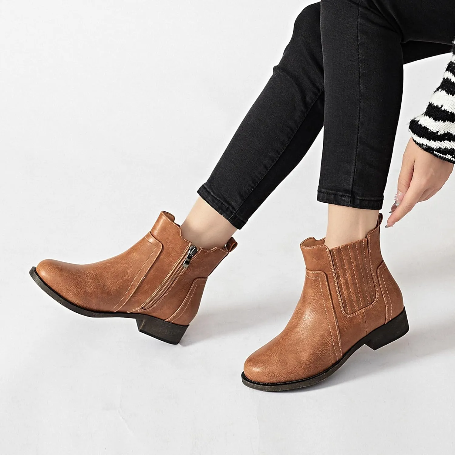 Ataiwee Women's Ankle Boots - Classic Side Zip, Cover with Buckle Strap, Round Toe, Comfortable Platform, Low Chunky Heel Comfort Slip On Fashion (Black/Dark Brown/Grey) Boots.