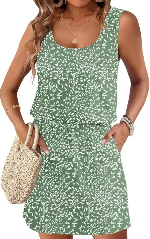 AUSELILY Summer Dresses for Women 2025 Casual Sleeveless Drawstring Waist Beach Cover up Mini Short Dresses with Pockets