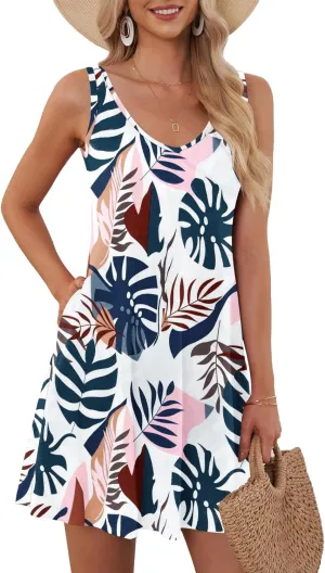 AUSELILY Women's Sleeveless V Neck Mini Dress Beach Cover Up Swimwear Bathing Suit Sundresses with Pockets 2025 New