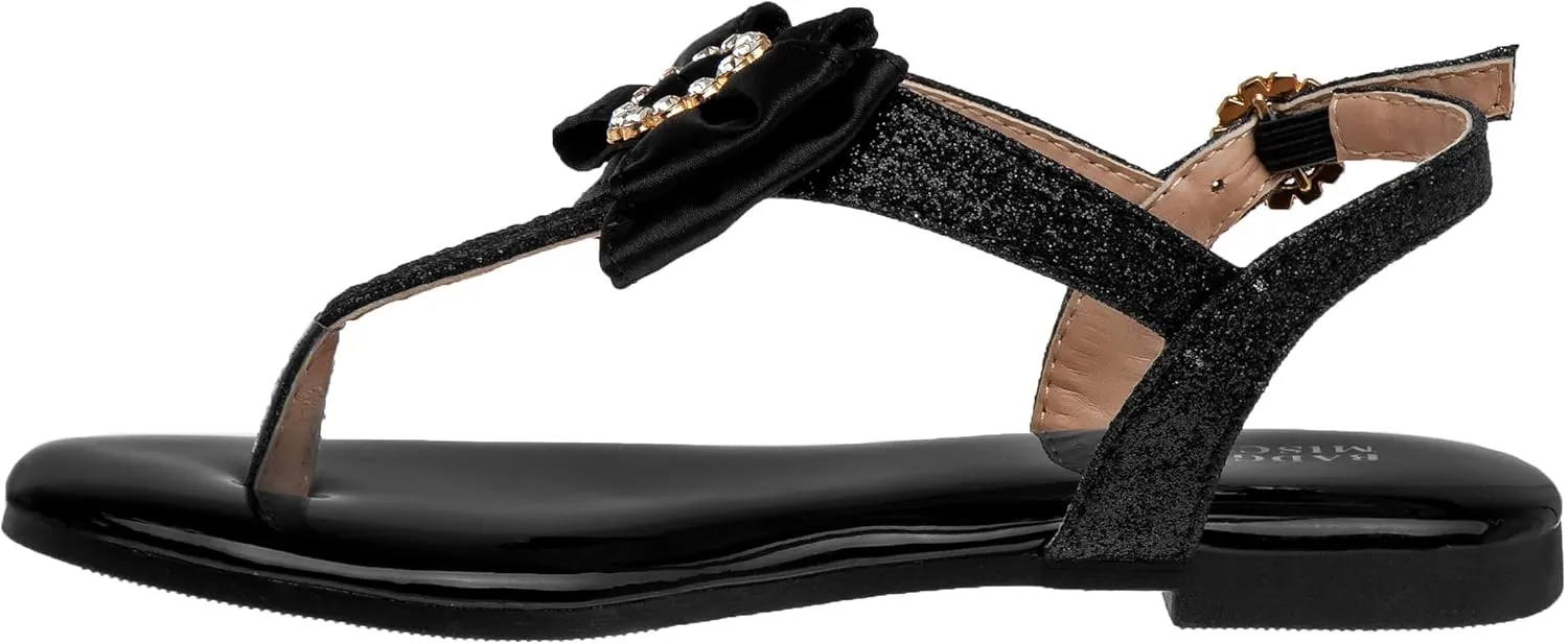 Badgley Mischka Toddler Girls Sandals with Bow - Kid Dress Shoes Slip-On Open Toe Flat Sandal Rhinestone Strappy Glitter (Big Kid/Little Kid) (Black/Silver/RoseGold)