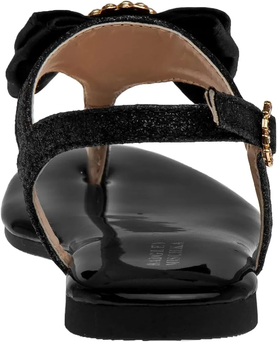 Badgley Mischka Toddler Girls Sandals with Bow - Kid Dress Shoes Slip-On Open Toe Flat Sandal Rhinestone Strappy Glitter (Big Kid/Little Kid) (Black/Silver/RoseGold)