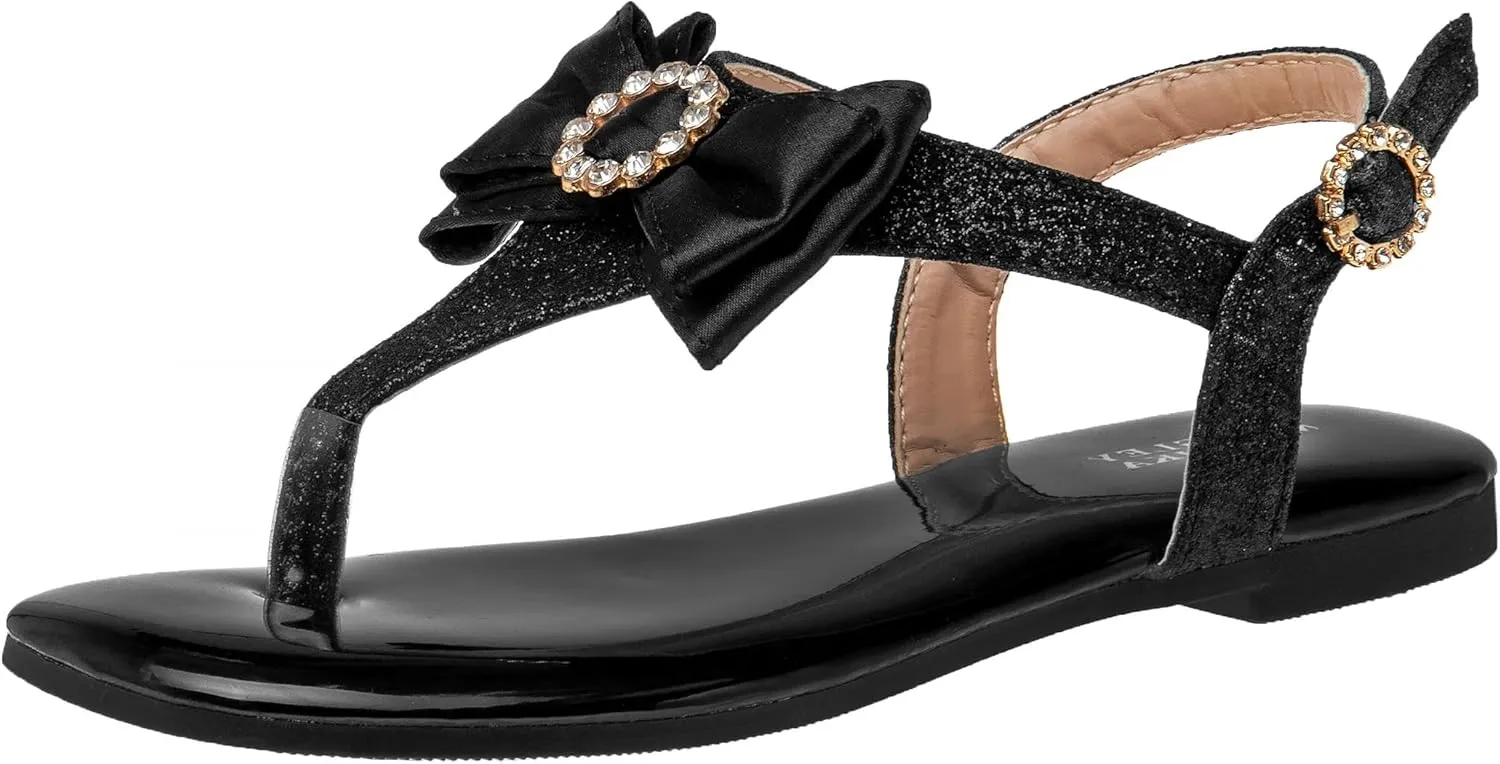 Badgley Mischka Toddler Girls Sandals with Bow - Kid Dress Shoes Slip-On Open Toe Flat Sandal Rhinestone Strappy Glitter (Big Kid/Little Kid) (Black/Silver/RoseGold)