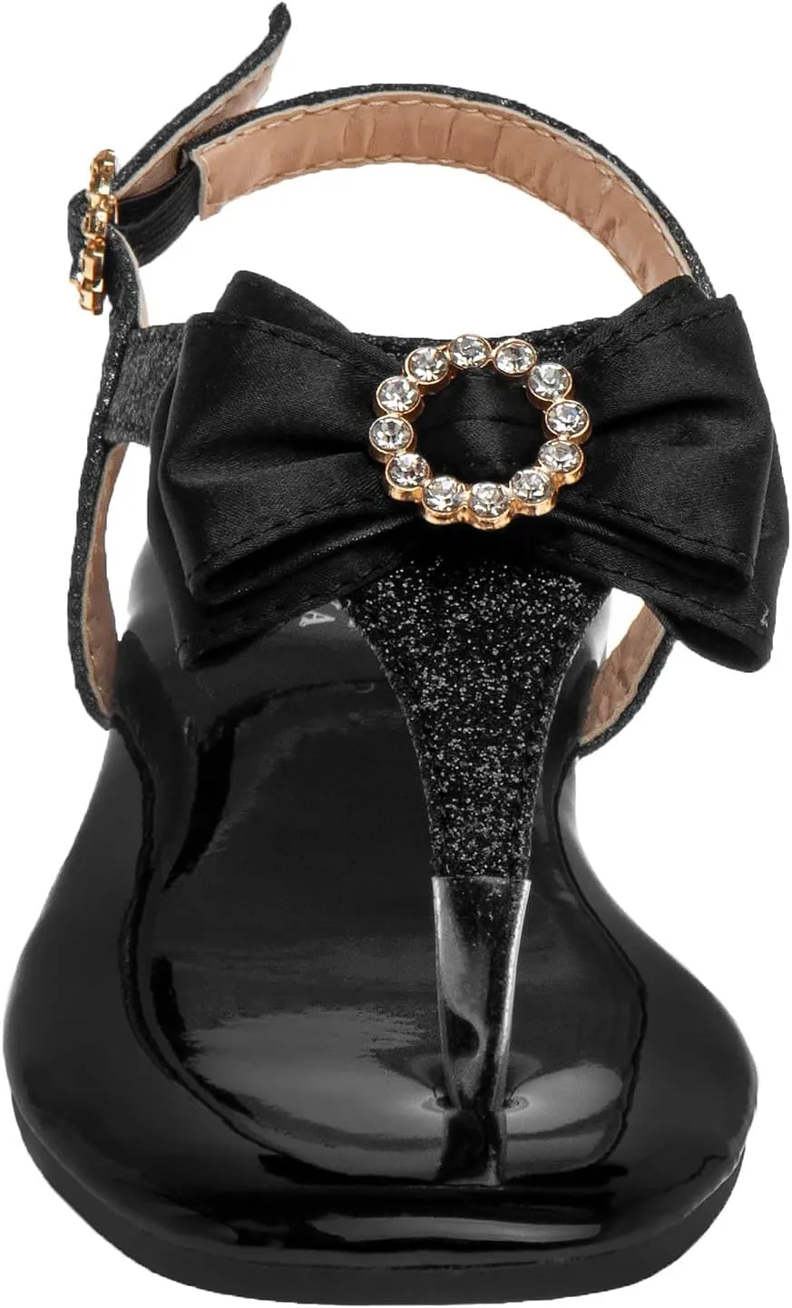 Badgley Mischka Toddler Girls Sandals with Bow - Kid Dress Shoes Slip-On Open Toe Flat Sandal Rhinestone Strappy Glitter (Big Kid/Little Kid) (Black/Silver/RoseGold)