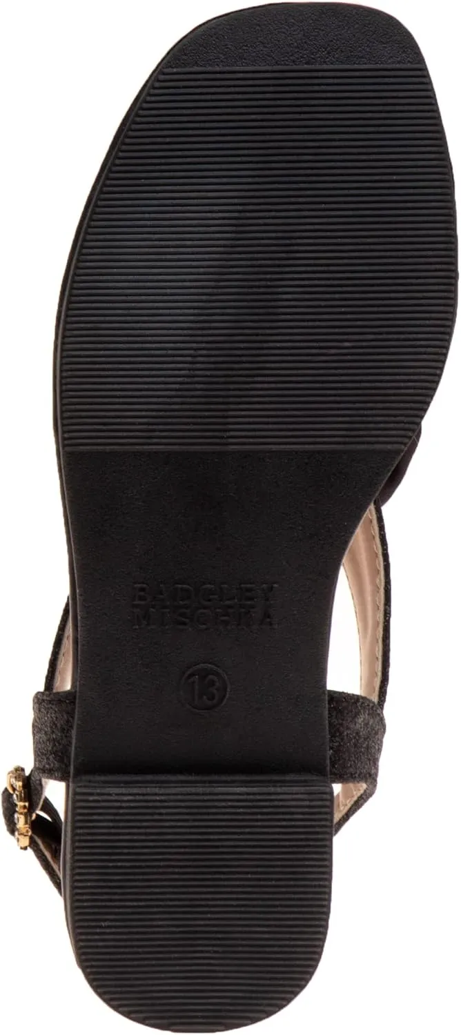Badgley Mischka Toddler Girls Sandals with Bow - Kid Dress Shoes Slip-On Open Toe Flat Sandal Rhinestone Strappy Glitter (Big Kid/Little Kid) (Black/Silver/RoseGold)